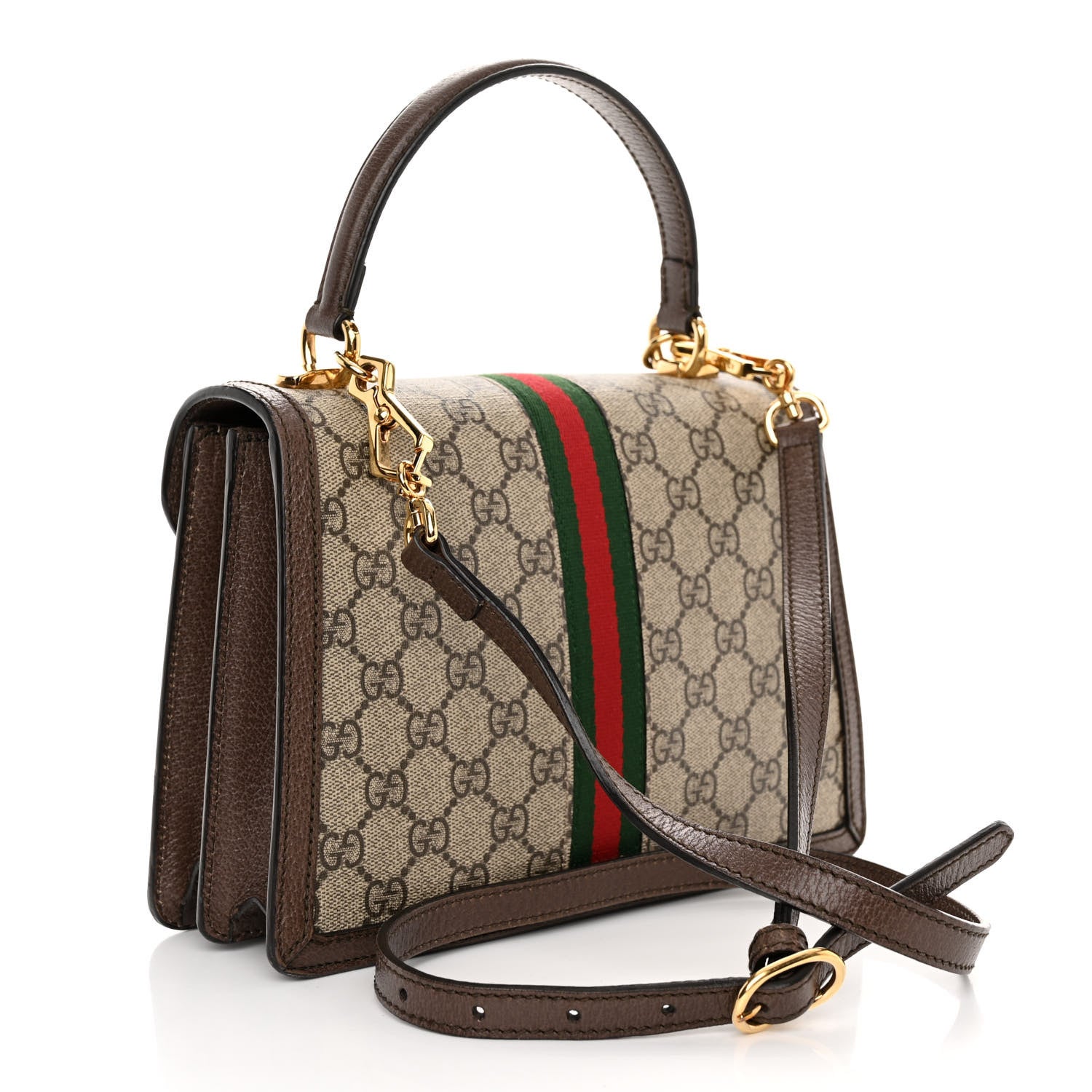 Gucci GG Supreme Monogram Textured Dollar Calfskin Web Small Ophidia Padlock Top Handle Bag Beige Ebony New Acero 3 of 9