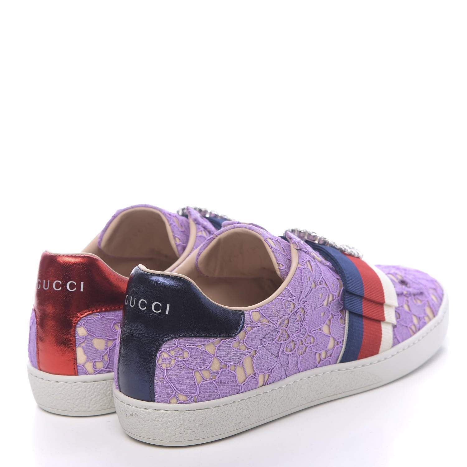 Gucci Lace Crystal Sylvie Web Flower Leaf Womens Ace Sneakers 37.5 Wisteria Perfect Pink 4 of 10