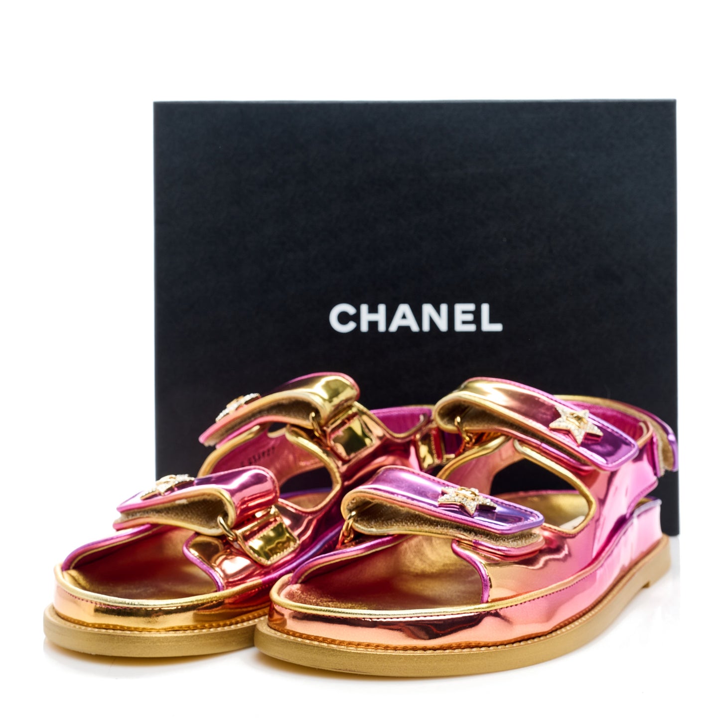 Metallic Laminated Calfskin Crystal Star CC Velcro Dad Sandals 40 Gold Multicolor