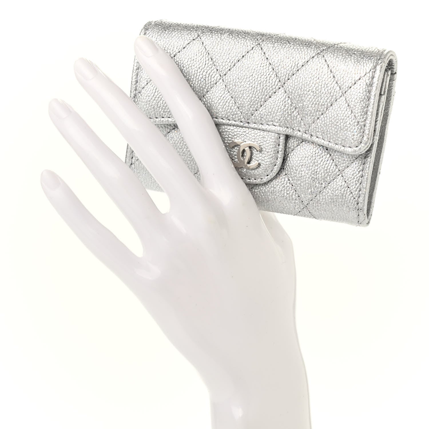 Chanel Glittered Metallic Caviar Quilted Flap Card Holder Wallet Silver 3 of 10