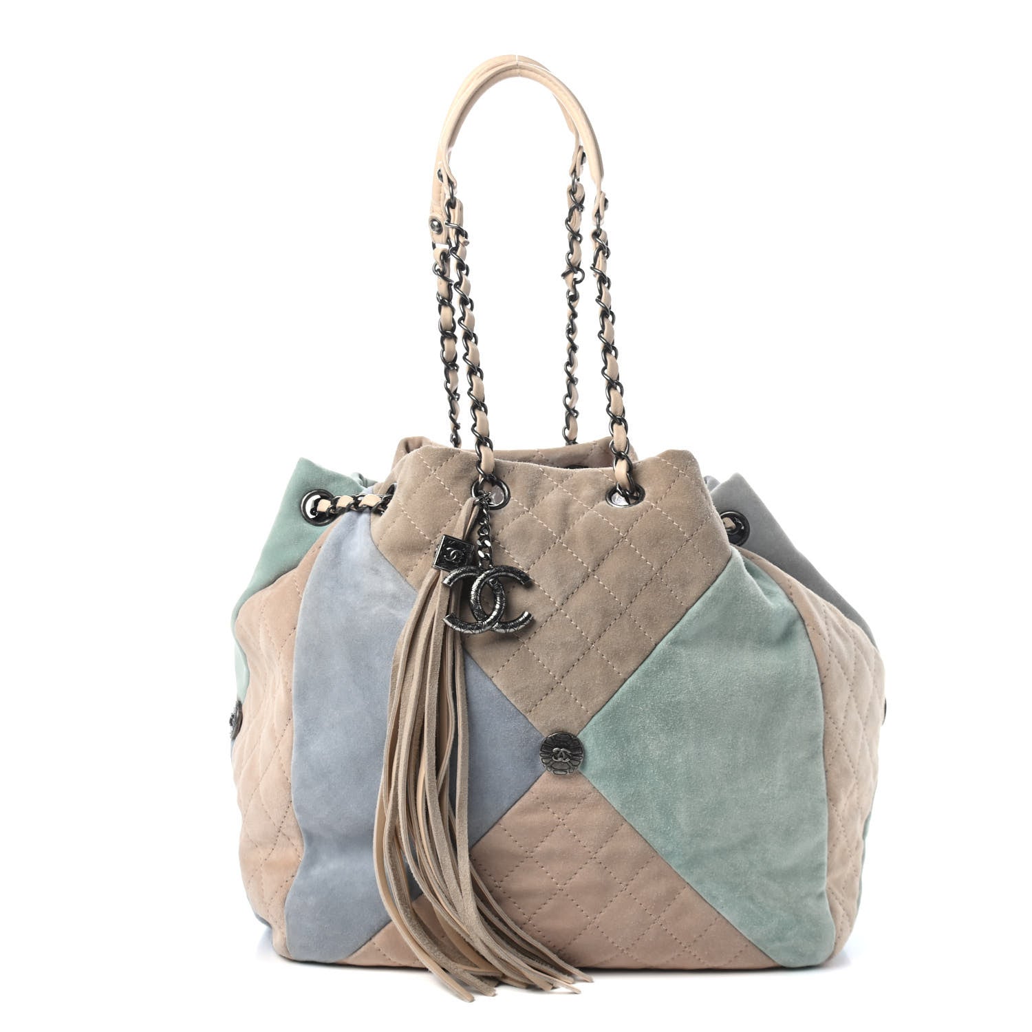 Chanel Suede Calfskin Quilted Patchwork Drawstring Bag Blue Green Pink Beige 1 of 4