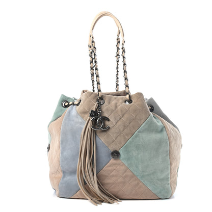 Chanel Suede Calfskin Quilted Patchwork Drawstring Bag Blue Green Pink Beige 1 of 4