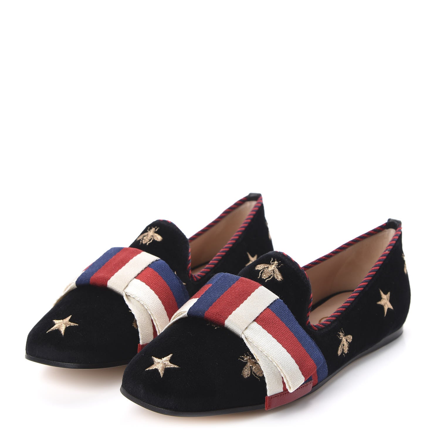Gucci Velvet Bee Star Embroidered Sylvie Bow Loafers 36 Black 3 of 9