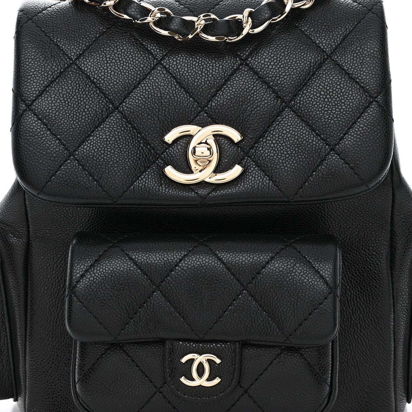 Shiny Caviar Quilted Small Pockets Drawstring Backpack Black