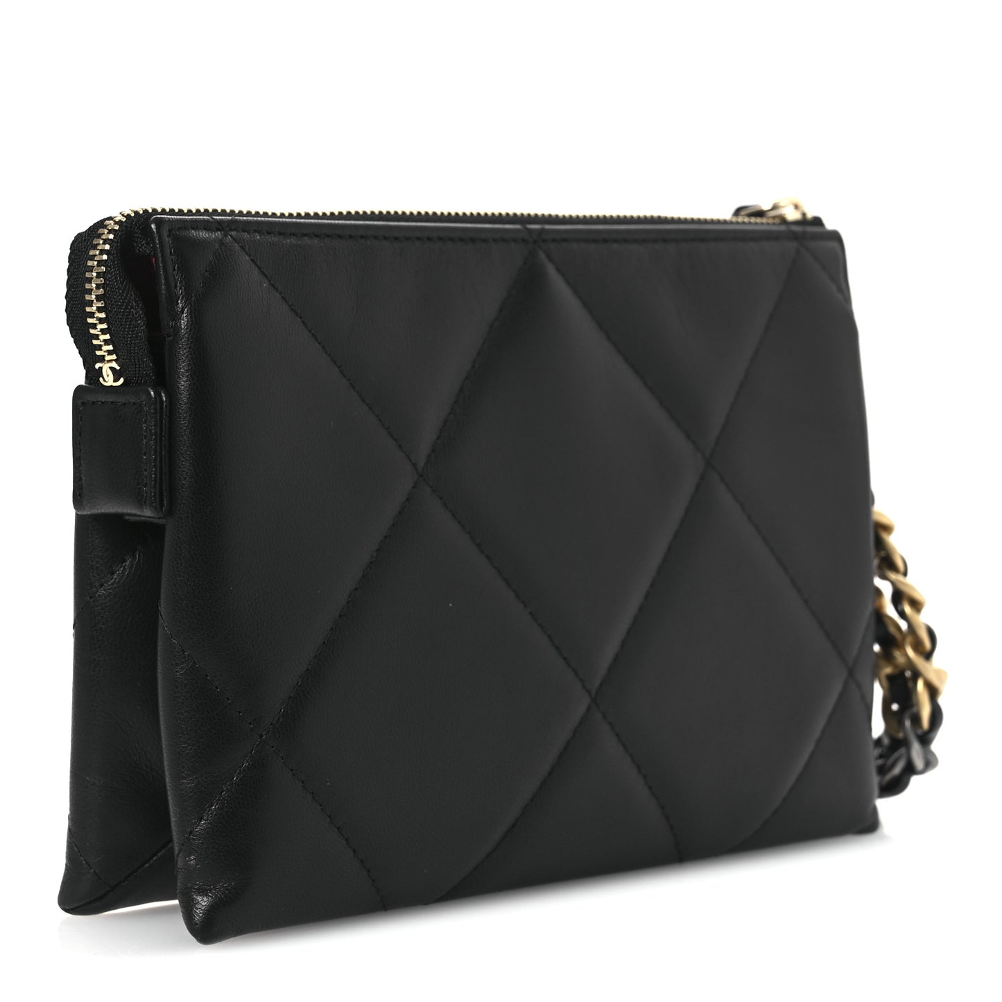Shiny Goatskin Quilted Small Chanel 19 Pouch With Handle Black