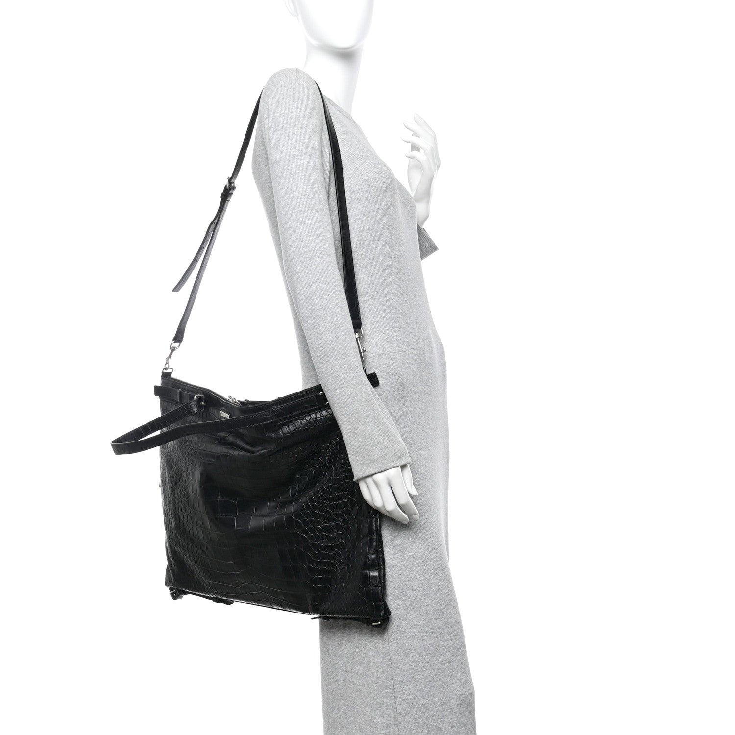 Saint Laurent Calfskin Crocodile Embossed Large Convertible ID Bag Black 2 of 9