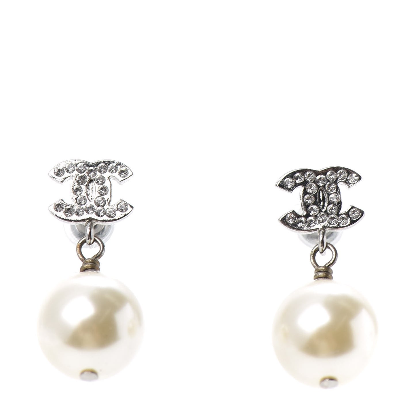 Crystal Pearl CC Drop Earrings Silver