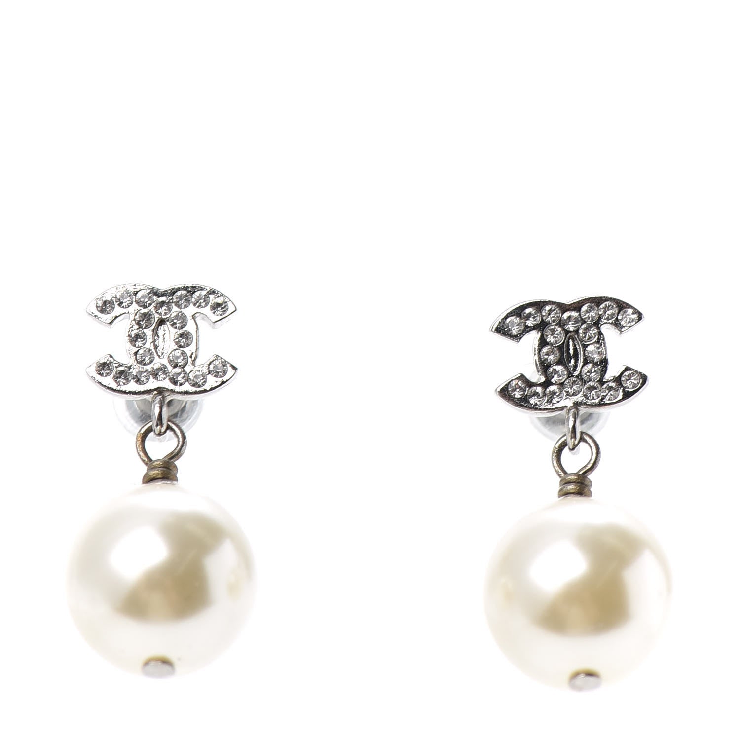Chanel Crystal Pearl CC Drop Earrings Silver 1 of 4