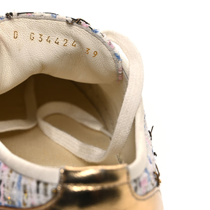 Chanel Tweed Laminated Lambskin Lace Up Espadrilles 39 Pink Blue Gold White 8 of 11