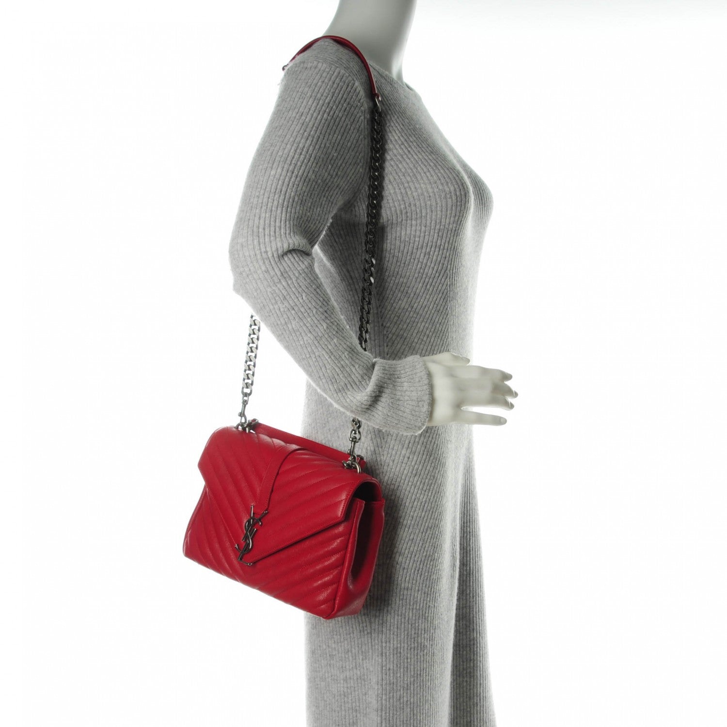 Saint Laurent Sheepskin Matelasse Chevron Monogram Medium College Bag Rouge 2 of 7