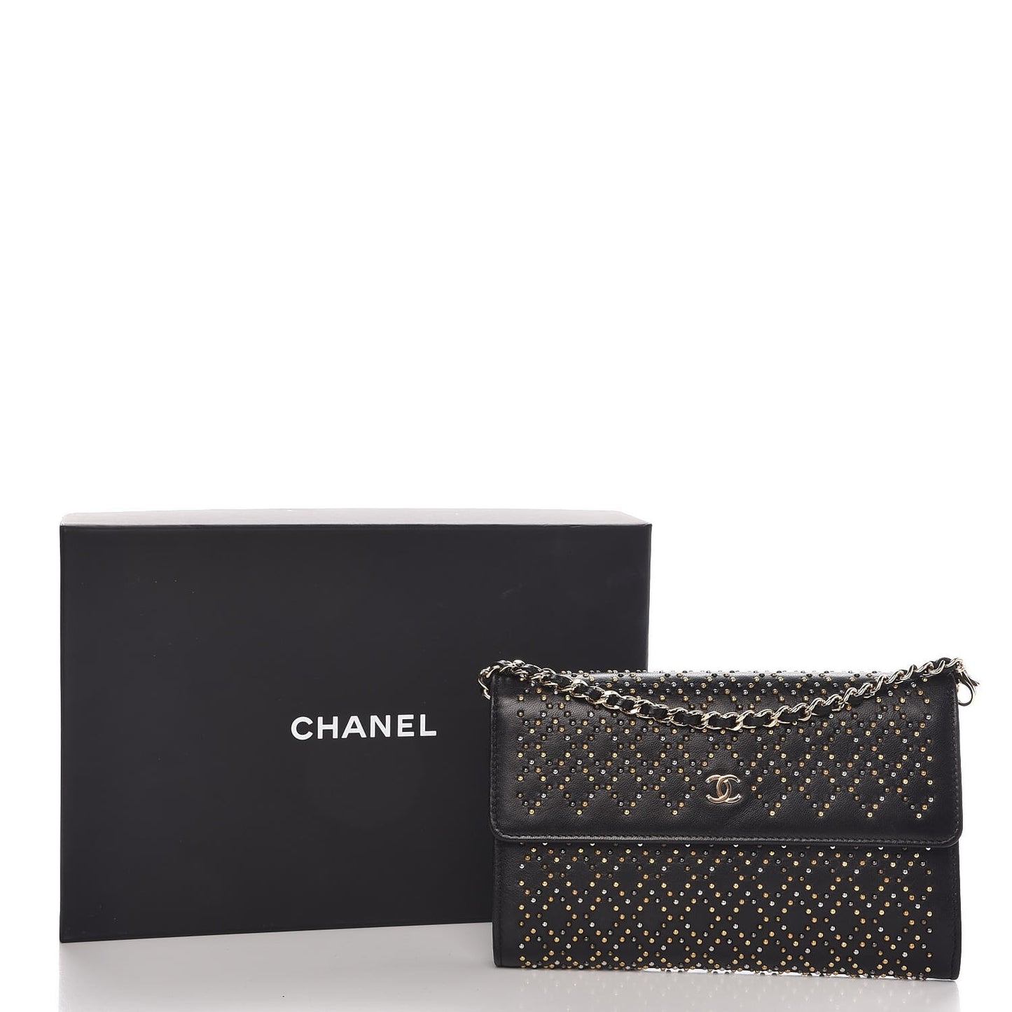 Lambskin Studded Chain Wallet Black