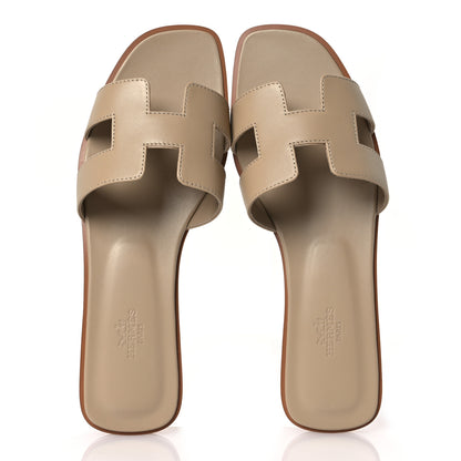 Hermes Box Calfskin Oran Sandals 39.5 Beige Lin 2 of 10
