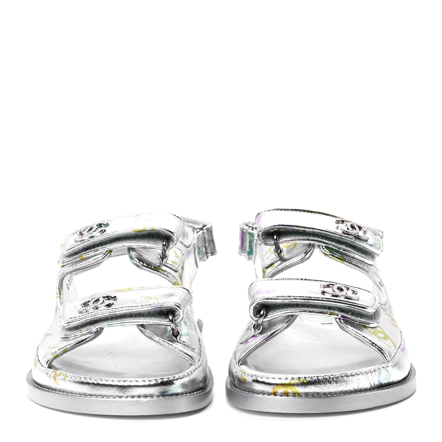 Laminated Lambskin Printed CC Dad Sandals 38 Silver Multicolor