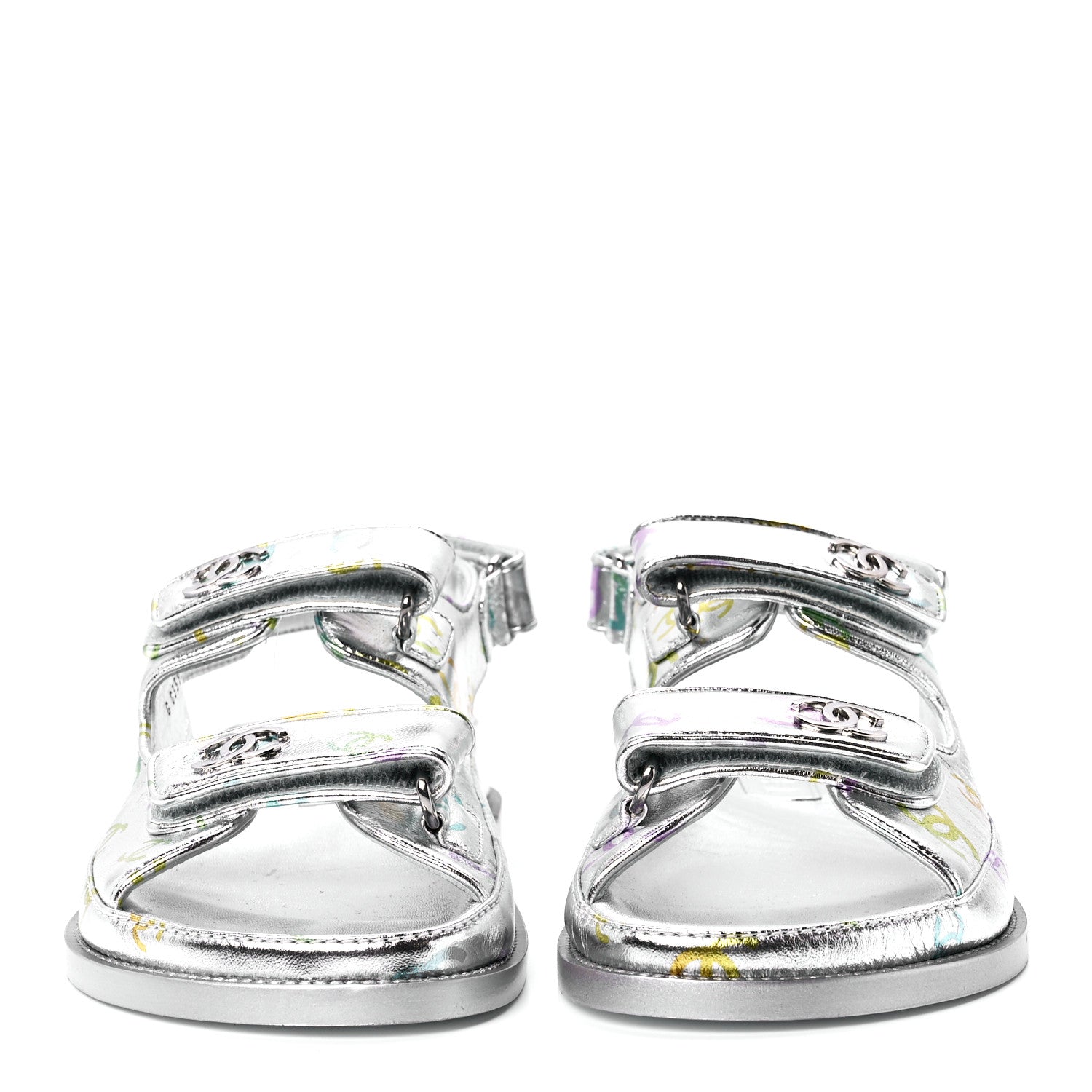 Chanel Laminated Lambskin Printed CC Dad Sandals 38 Silver Multicolor 2 of 8