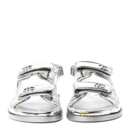 Chanel Laminated Lambskin Printed CC Dad Sandals 38 Silver Multicolor 2 of 8
