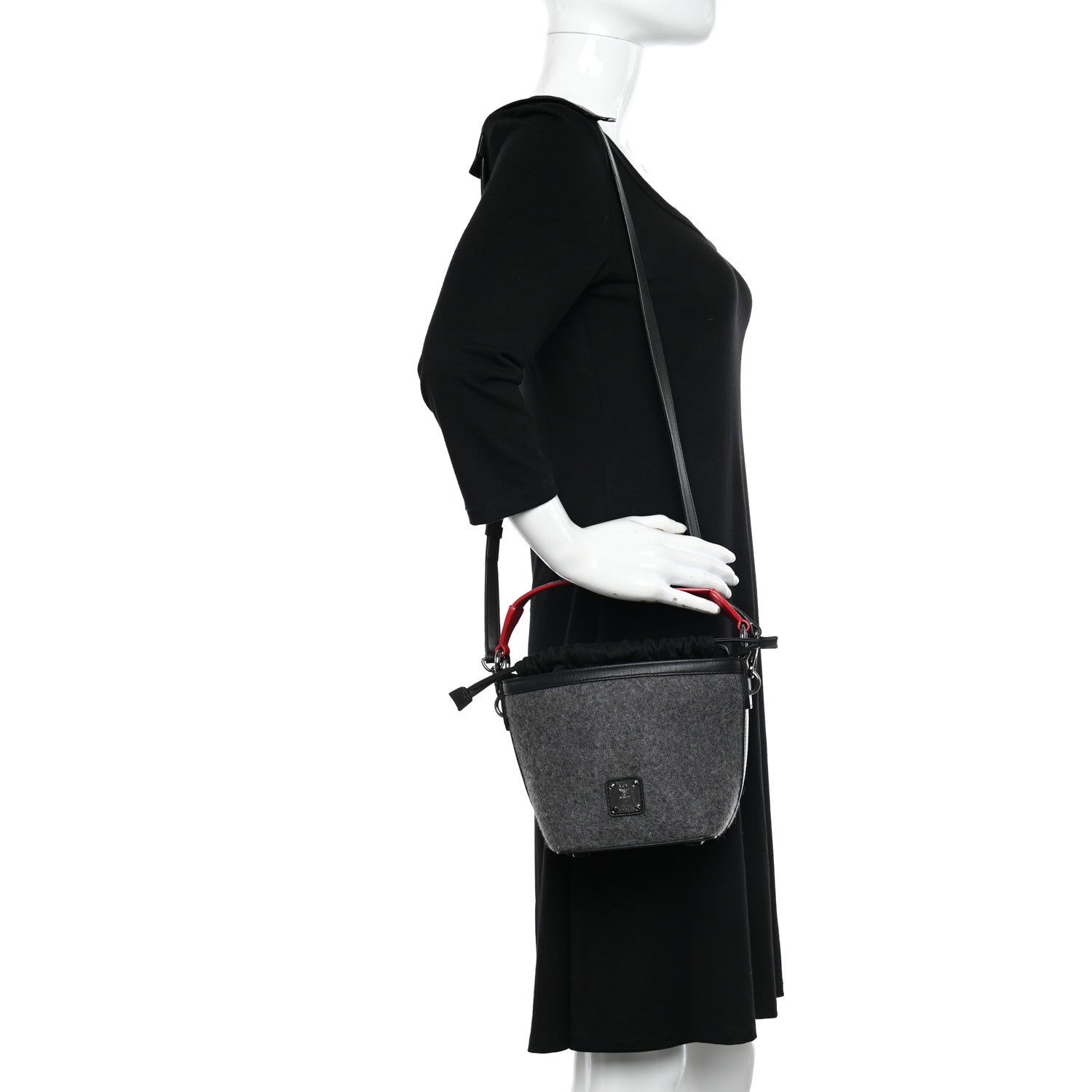 MCM Wool Drawstring Bucket Bag Grey 2 of 9