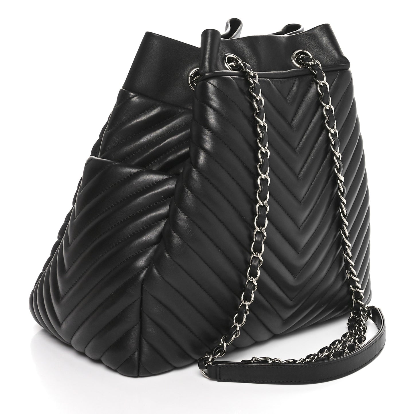 Lambskin Chevron Quilted Large Urban Spirit Drawstring Bag Black