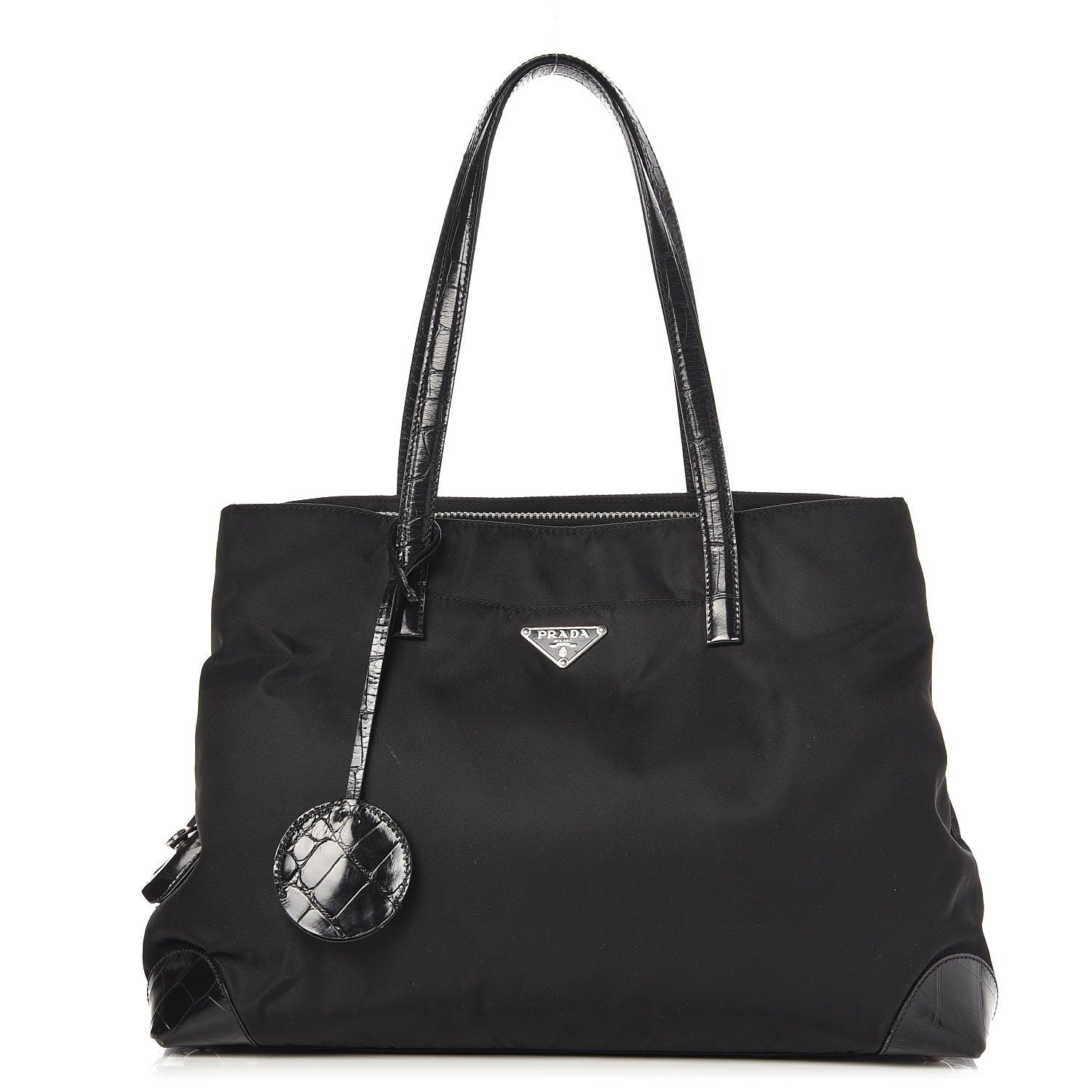Prada Tessuto Nylon Calfskin Crocodile Embossed Tote Nero Black 1 of 12