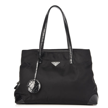 Prada Tessuto Nylon Calfskin Crocodile Embossed Tote Nero Black 1 of 12