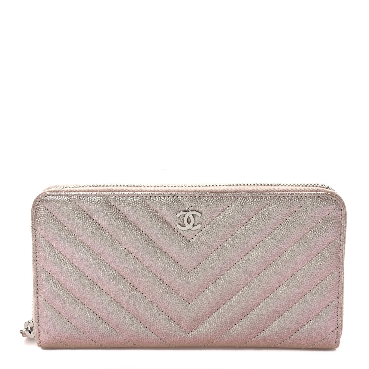 Metallic Caviar Chevron Quilted Large Gusset Zip Around Wallet Light Gold