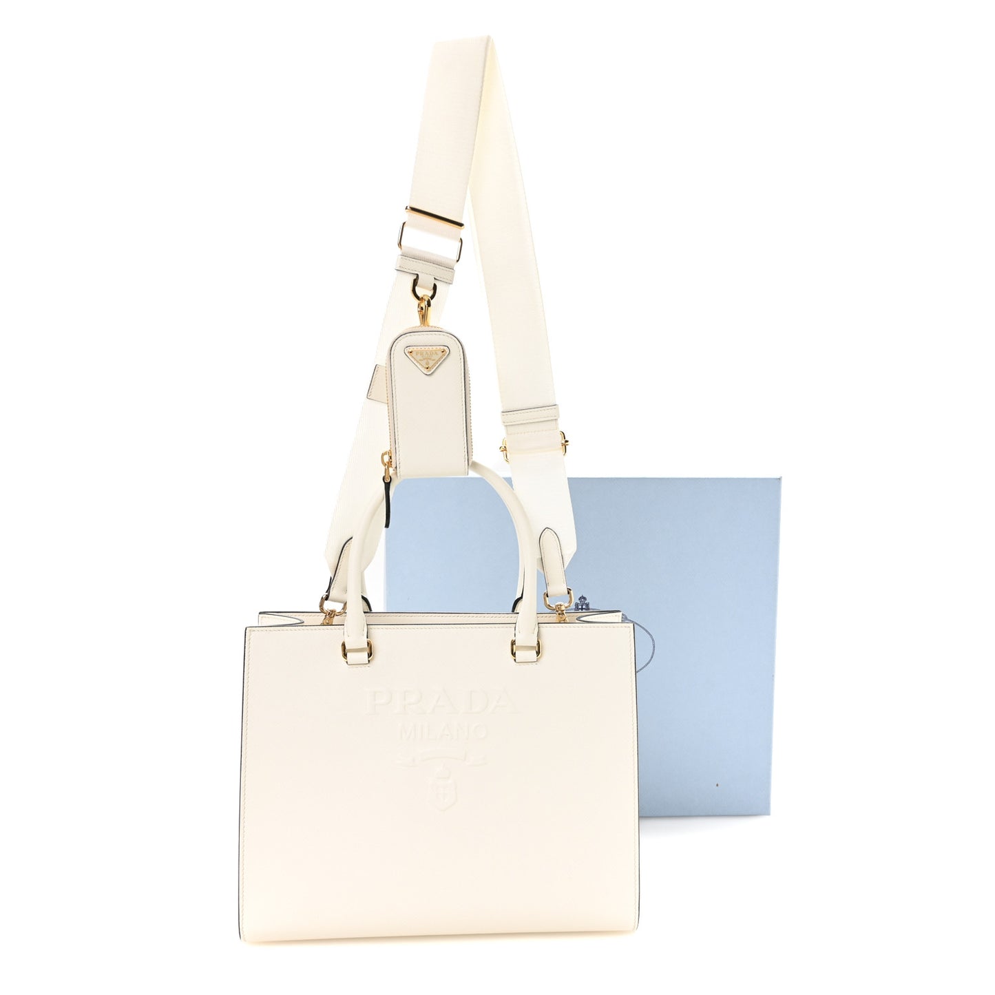 Saffiano Lux Logo Embossed Medium Shoulder Tote Handbag White