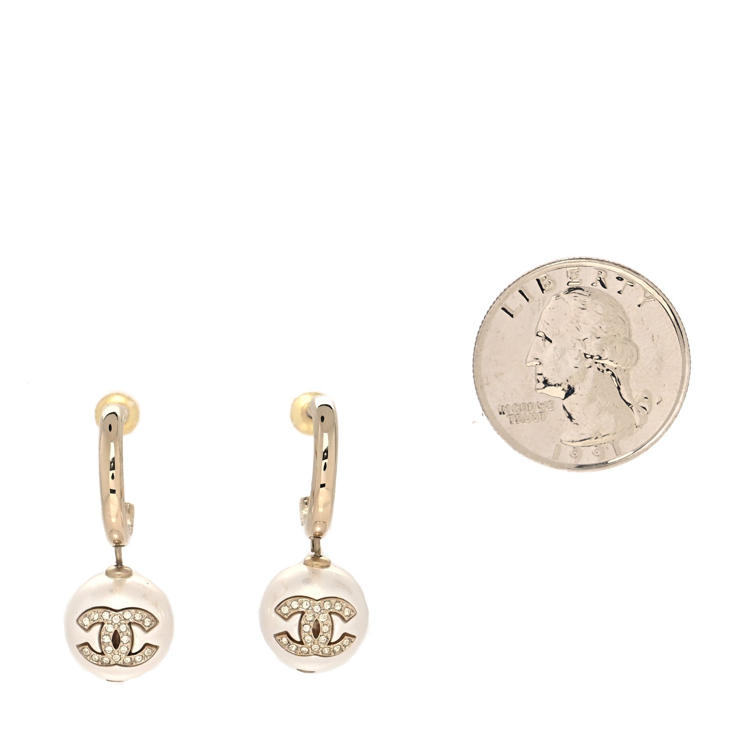Chanel Pearl Crystal CC Drop Earrings Gold Pearly White 2 of 4