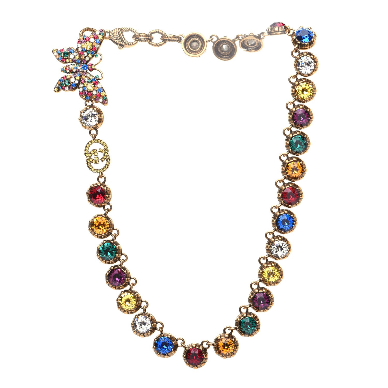 Gucci Crystal Butterfly Necklace Aged Gold Multicolor 665379