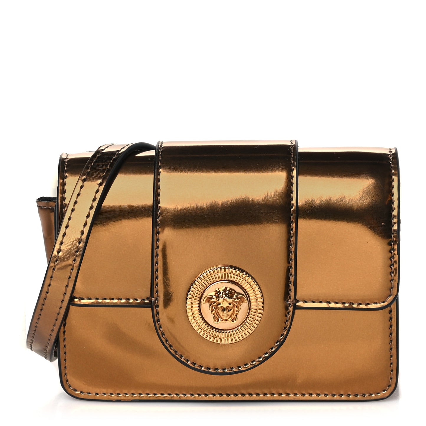 Metallic Laminated Calfskin Mini Medusa Crossbody Bag Tan