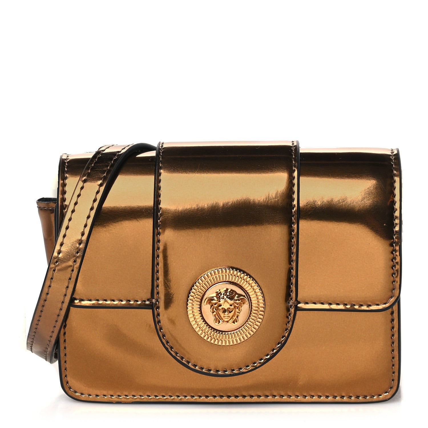Versace Metallic Laminated Calfskin Mini Medusa Crossbody Bag Tan 1 of 8