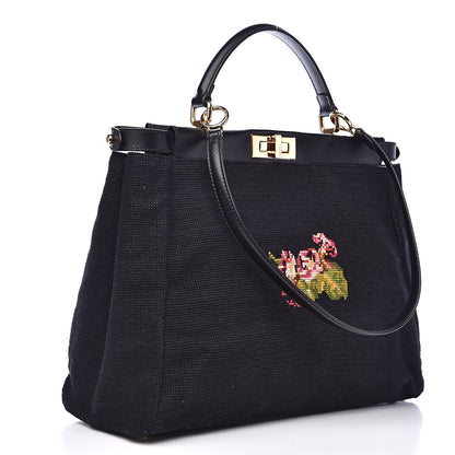 Fendi Canvas Embroidered Large Peekaboo Iconic Satchel Black Multicolor 3 of 12