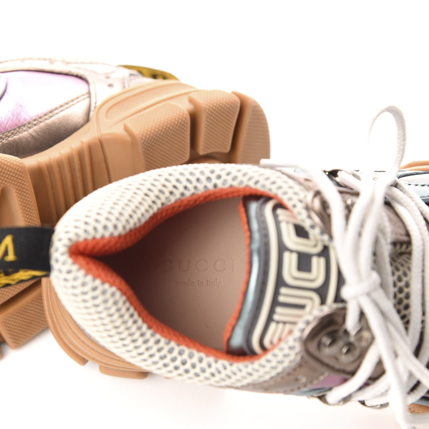 Gucci X SEGA Metallic Calfskin Mesh Womens Flashtrek Sneakers 35.5 Rame Mystic White Lago 7 of 8