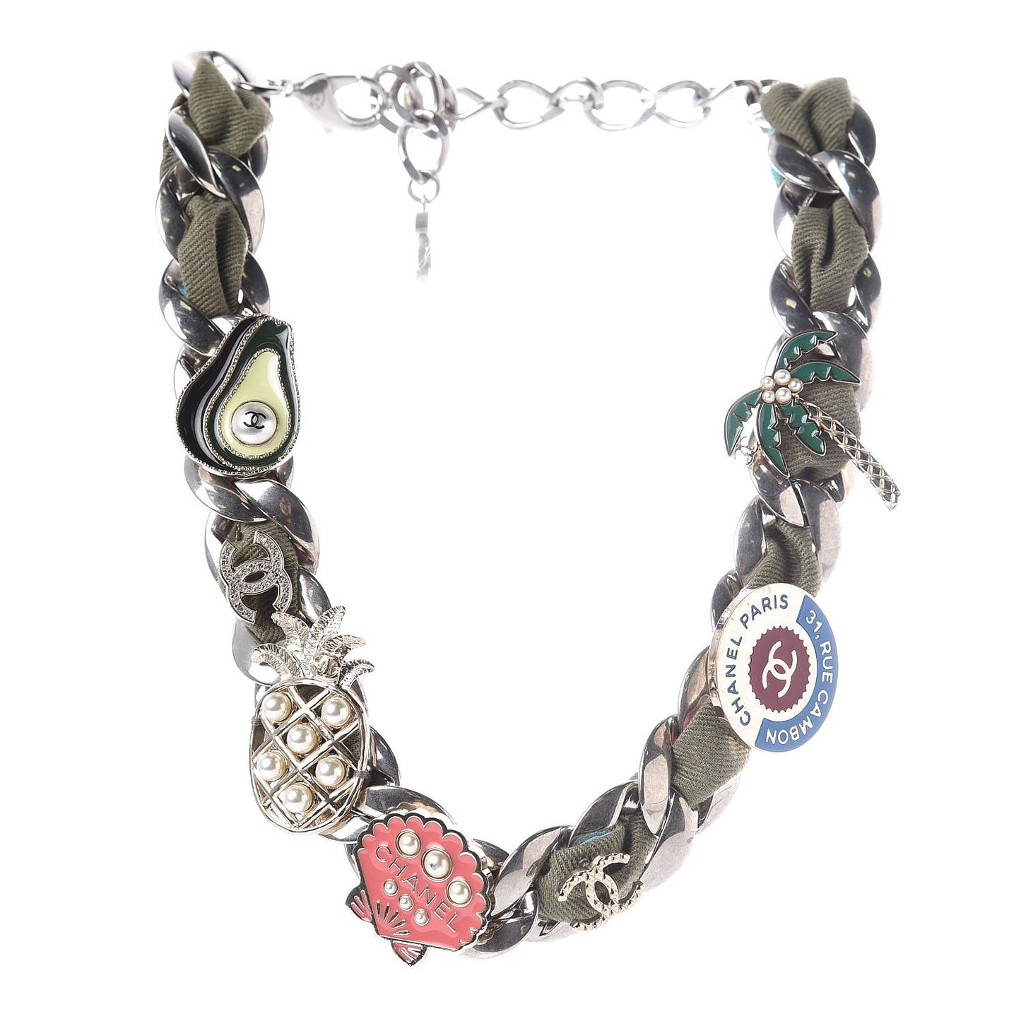 Metal Fabric Strass Pearl Cuba CC Chain Link Choker Necklace Green Pink Silver Gold