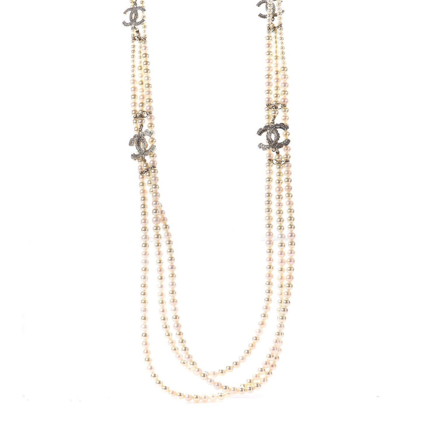 Pearl Crystal CC Triple Strand Long Necklace Gold
