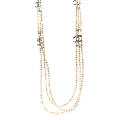Chanel Pearl Crystal CC Triple Strand Long Necklace Gold 1 of 6