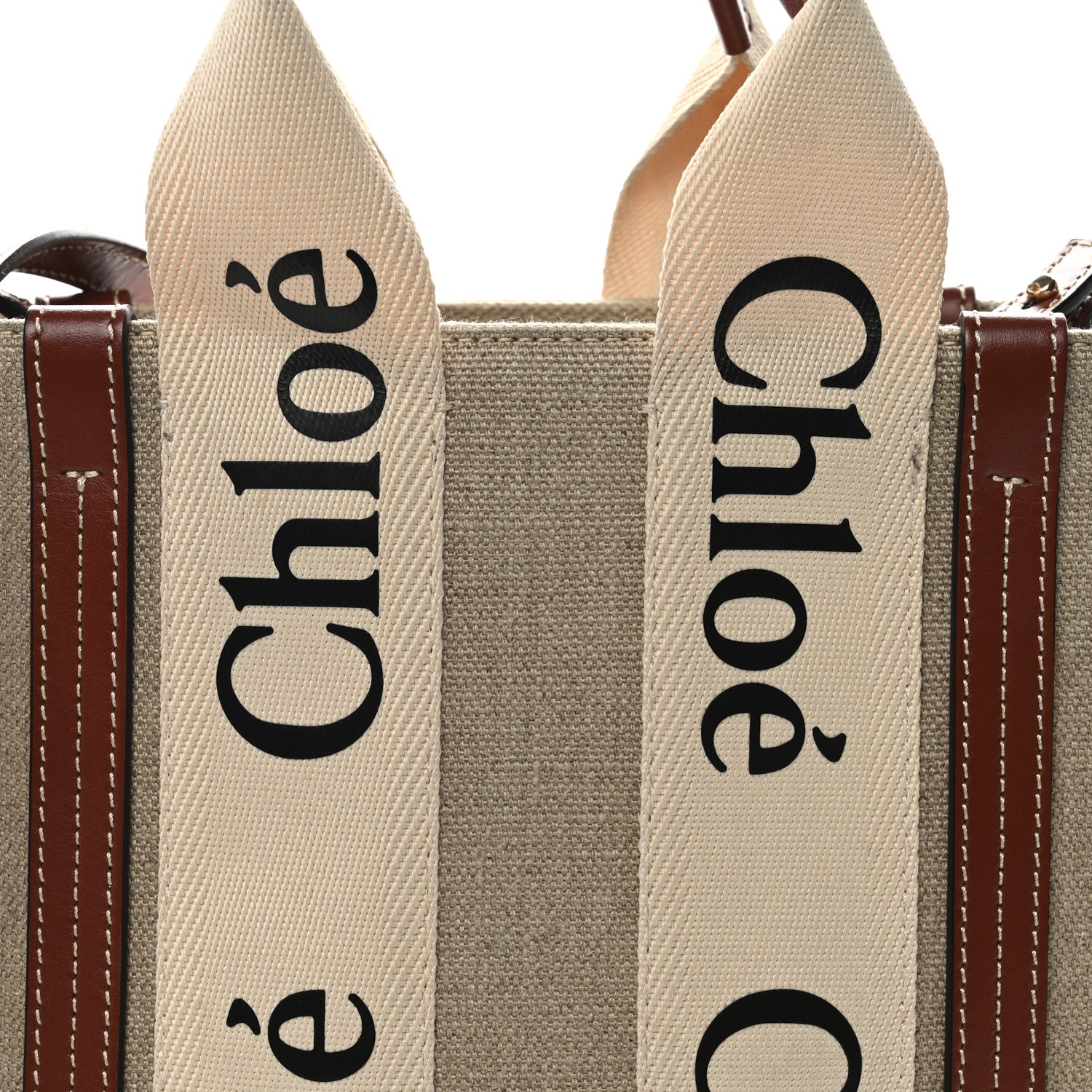 Chloe Cotton Calfskin Small Woody Ribbon Tote With Strap White Brown 8 of 10