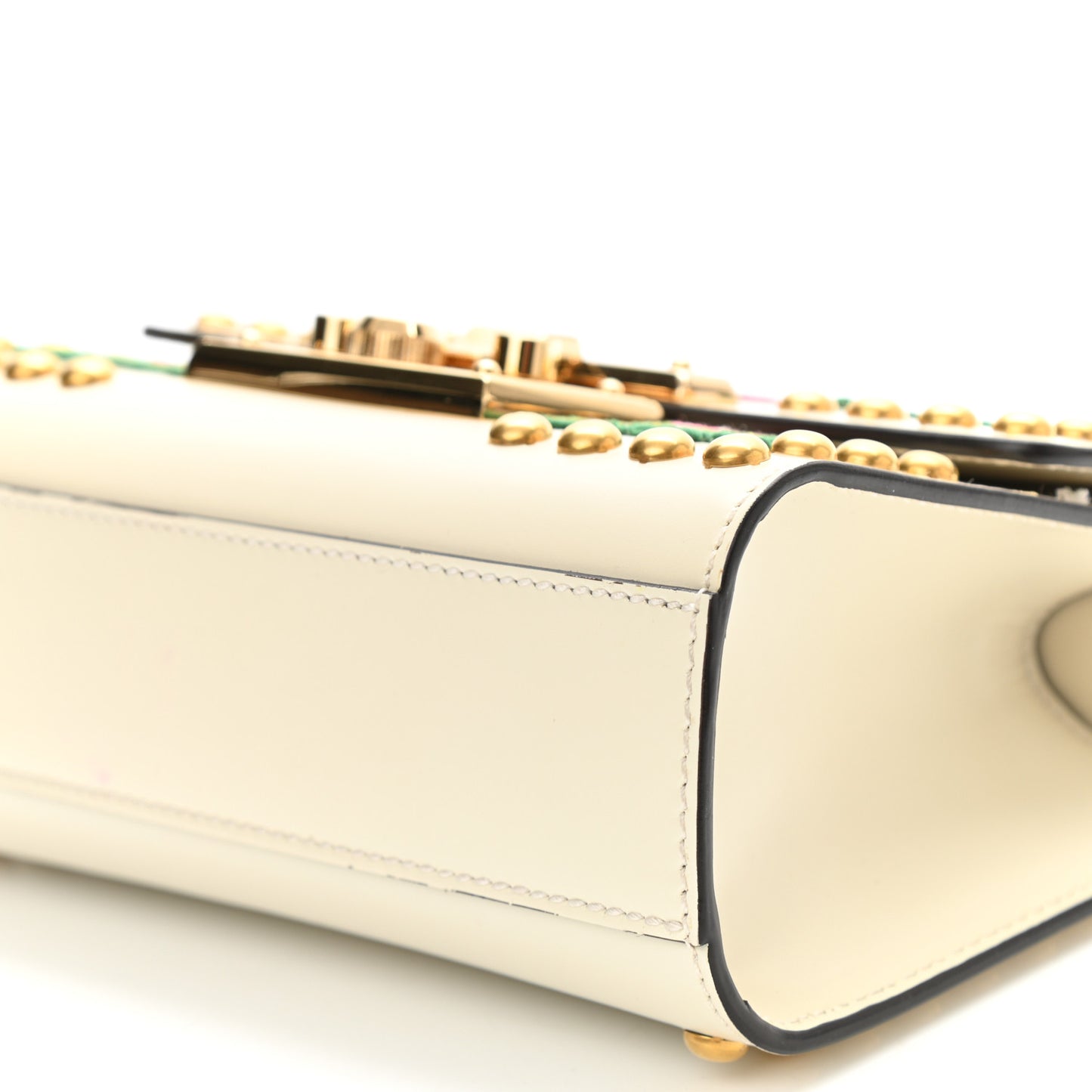 Calfskin Floral Embroidered Small Padlock Shoulder Bag White