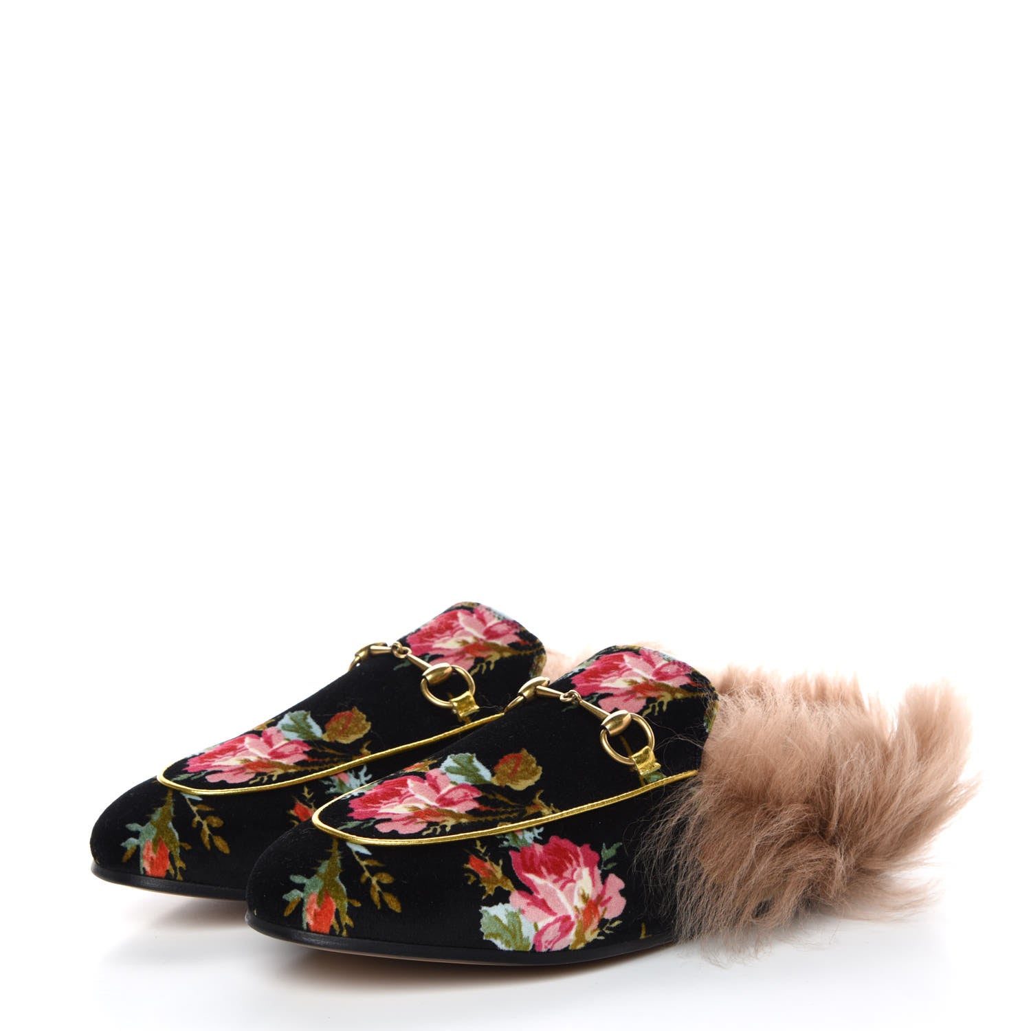 Gucci Velvet Fur Floral Womens Princetown Slippers 39.5 Black 3 of 8