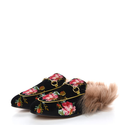 Gucci Velvet Fur Floral Womens Princetown Slippers 39.5 Black 3 of 8