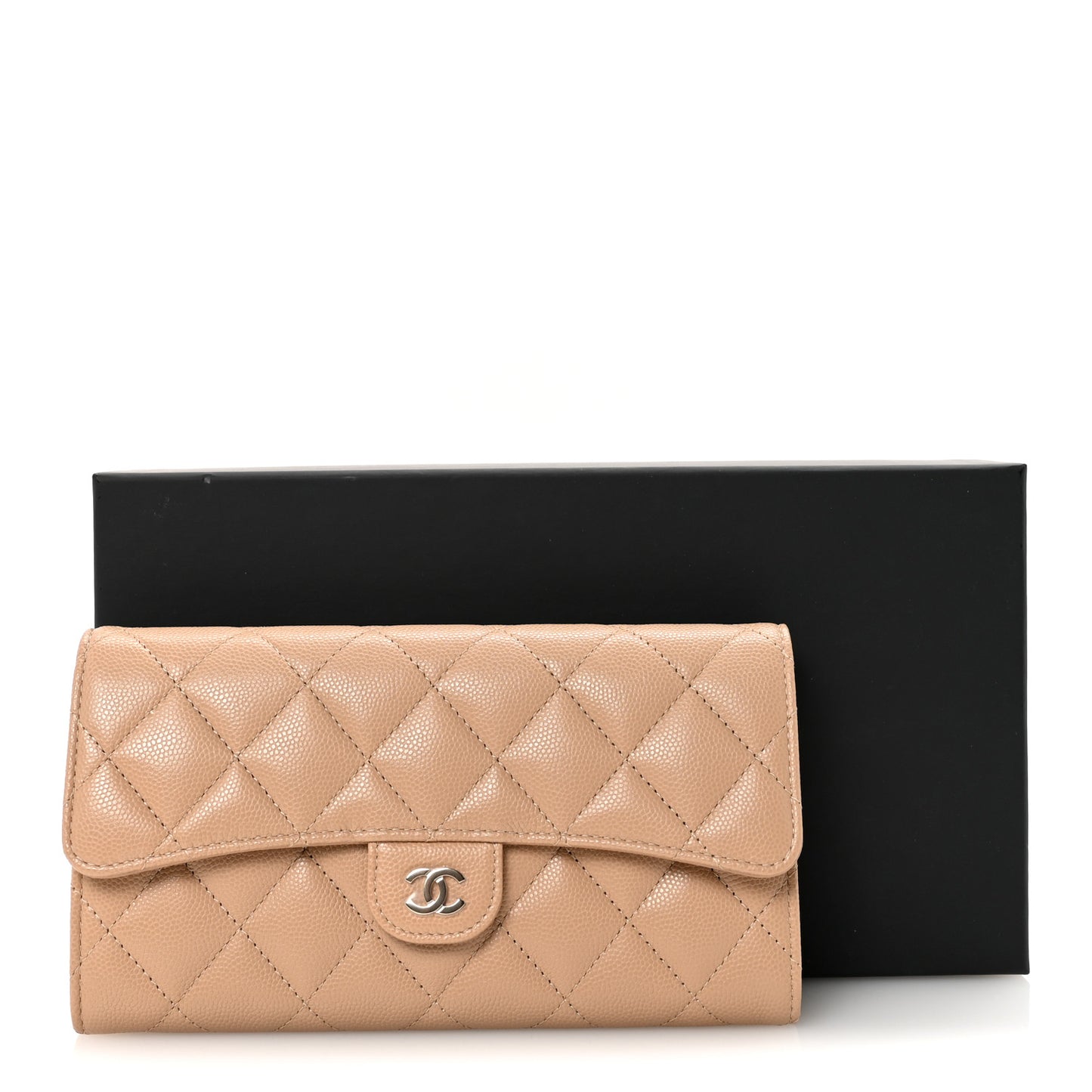 Caviar Quilted Large Gusset Flap Wallet Beige
