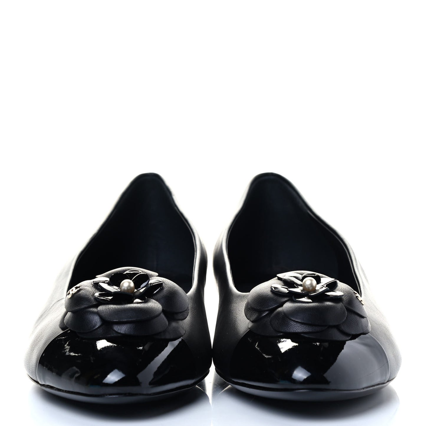 Lambskin Patent Cap Toe Camellia Ballerina Flats 38.5 Black