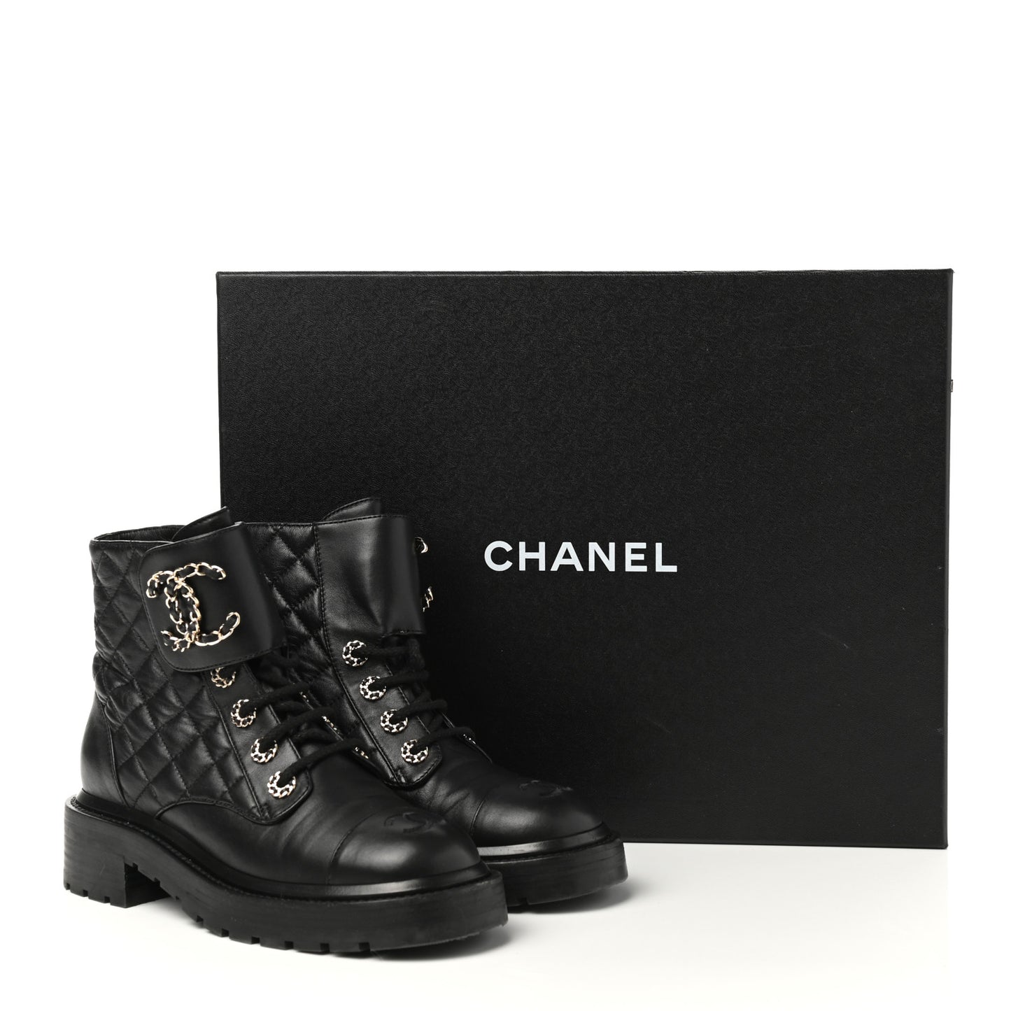 Shiny Lambskin Quilted Lace Up Combat Boots 35.5 Black