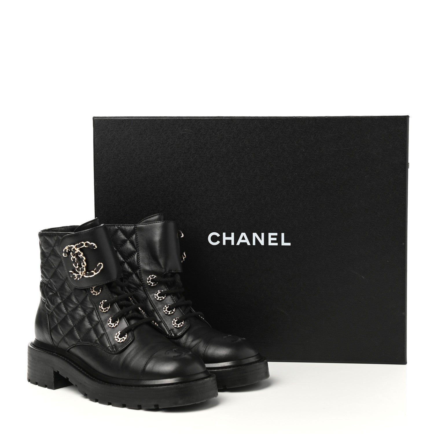 Chanel Shiny Lambskin Quilted Lace Up Combat Boots 35.5 Black 9 of 9