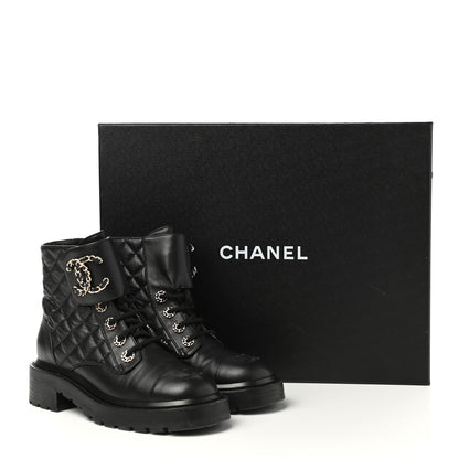 Chanel Shiny Lambskin Quilted Lace Up Combat Boots 35.5 Black 9 of 9