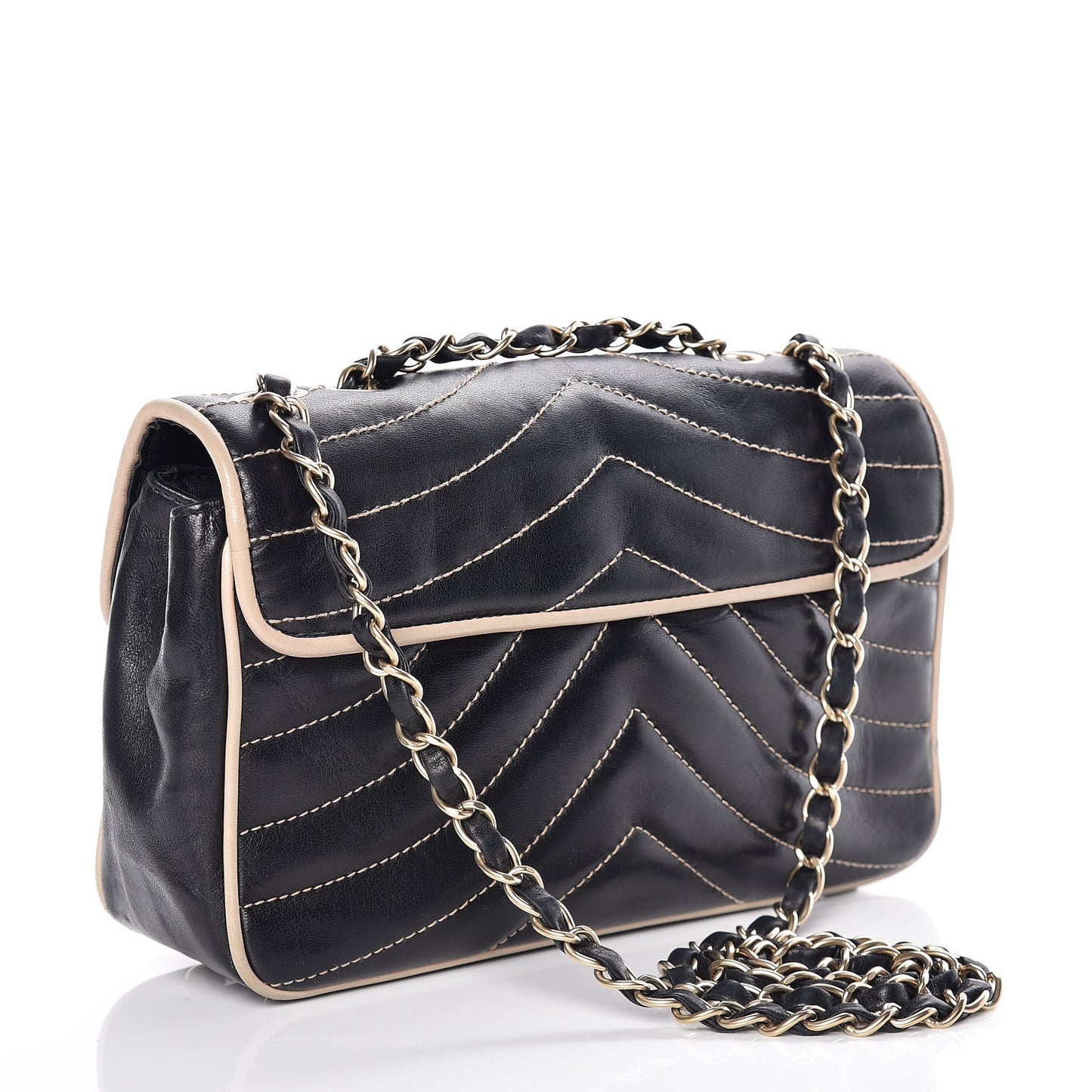 Lambskin Chevron Small Single Flap Bag Black Beige
