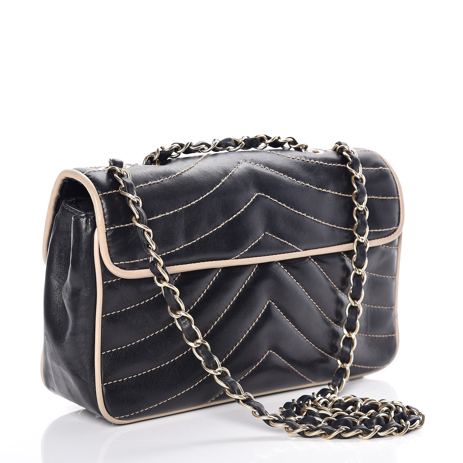 Chanel Lambskin Chevron Small Single Flap Bag Black Beige 3 of 13