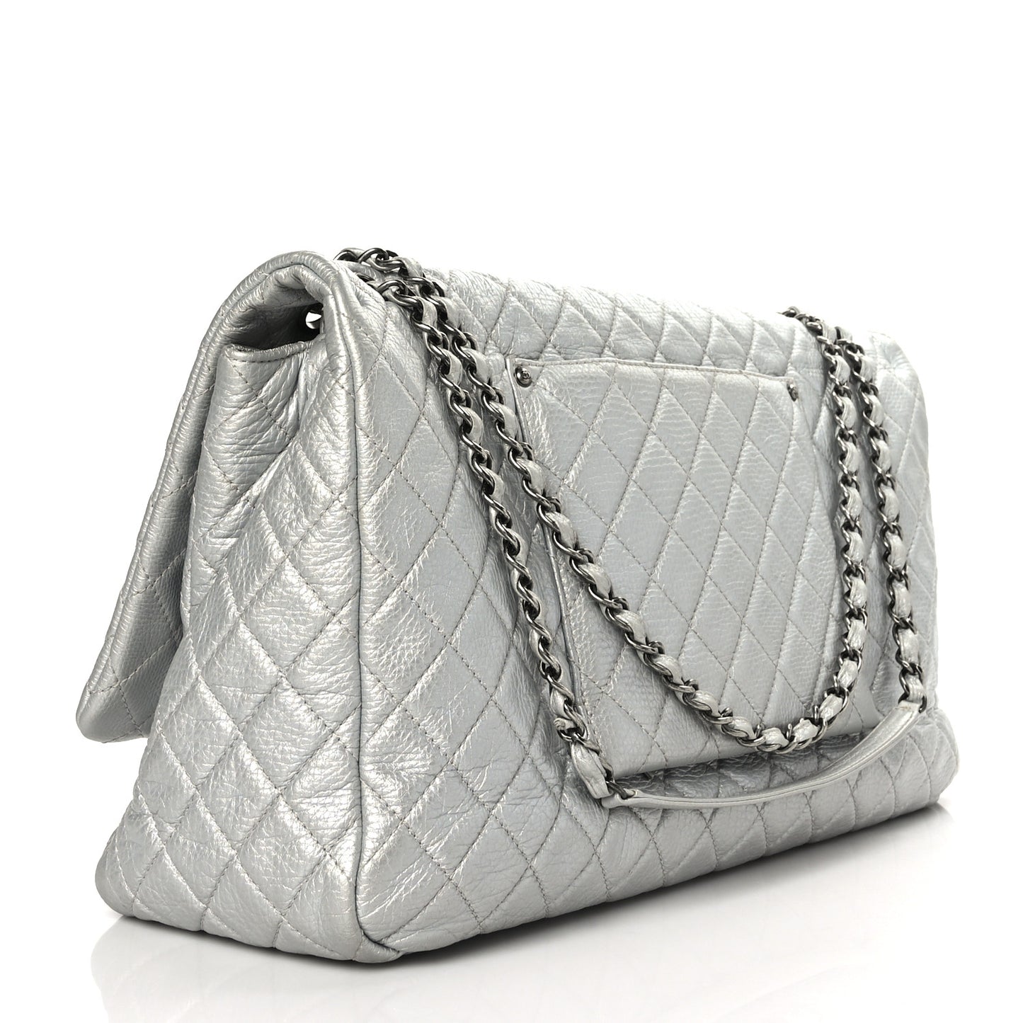 Metallic Calfskin Quilted XXL Travel Flap Bag Silver