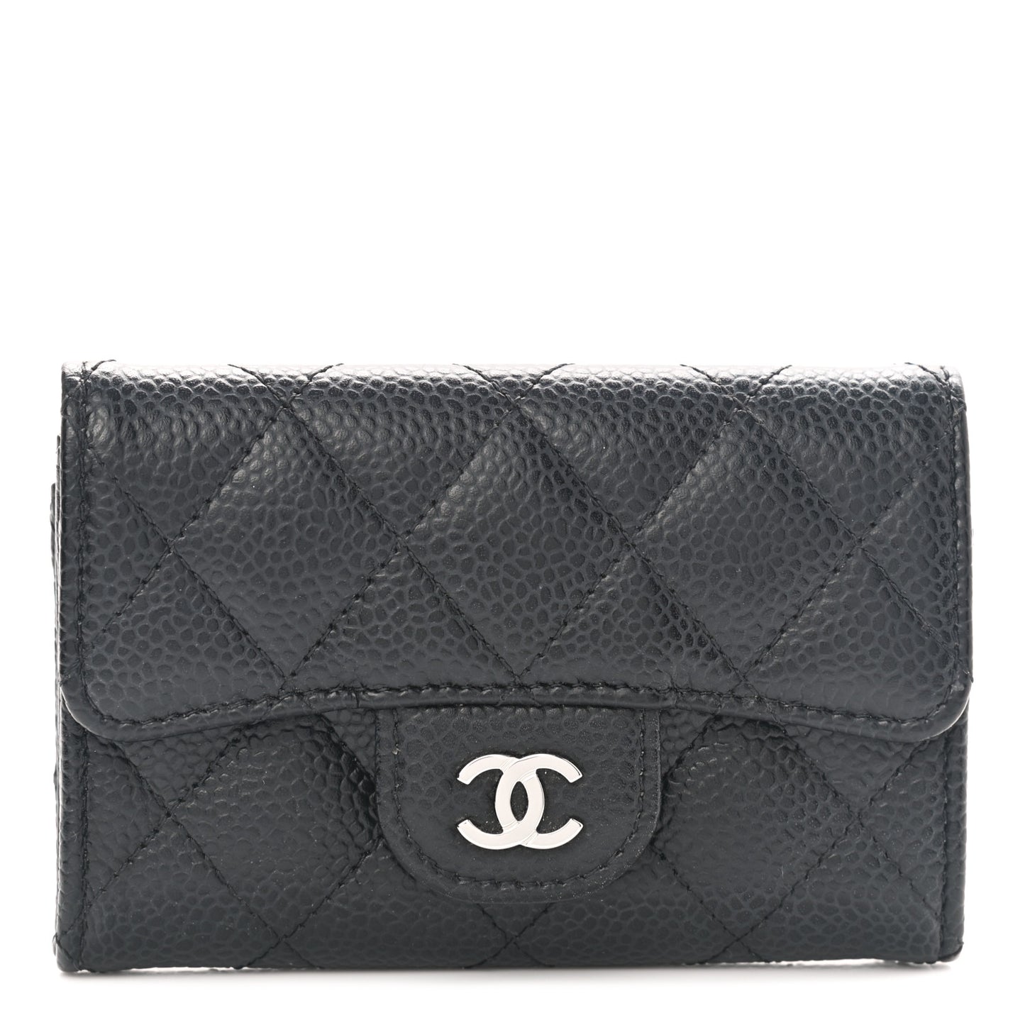 Caviar Quilted Flap Card Holder Wallet Black