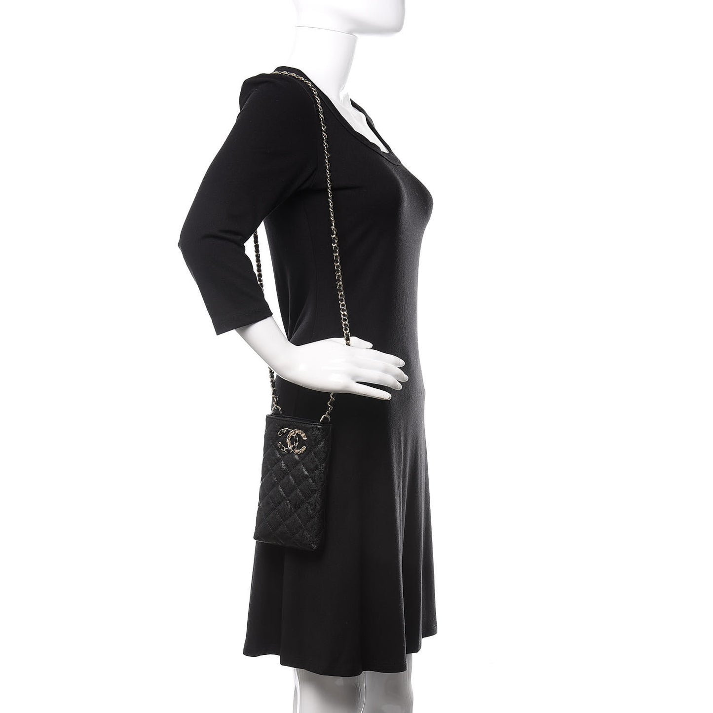 Caviar Quilted French New Wave Phone Holder With Chain Black