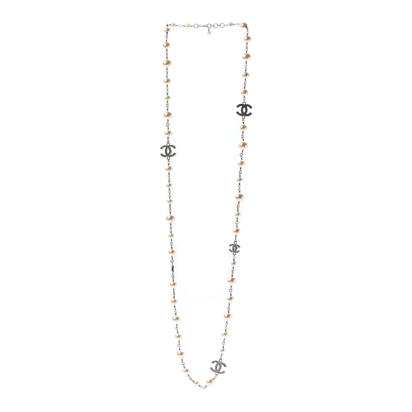 Crystal Pearl CC Long Necklace Silver