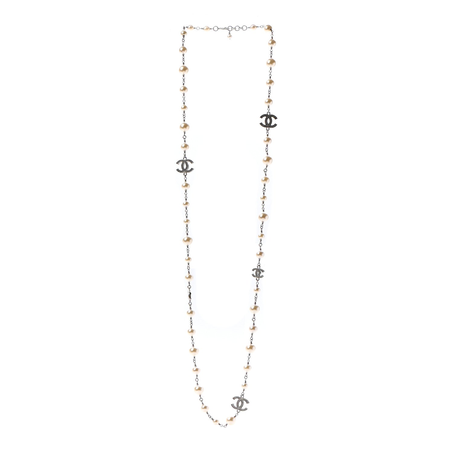 Chanel Crystal Pearl CC Long Necklace Silver 3 of 5